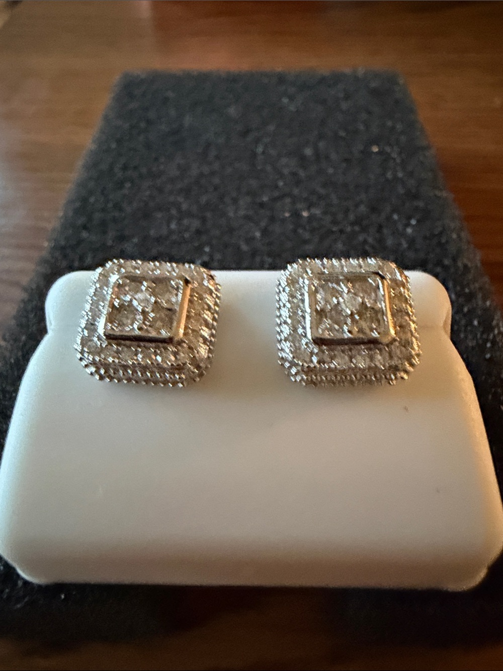 Square Halo Cluster Stud Earrings - Silver Tone